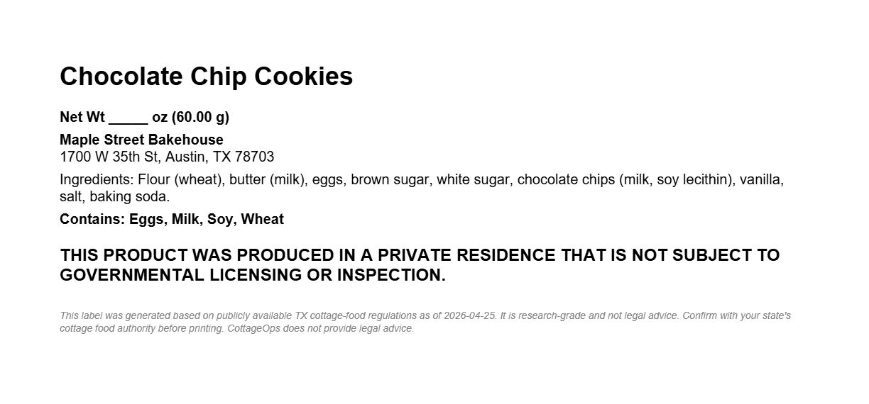 State-compliant label PDF for Chocolate Chip Cookies showing allergen list and ALL-CAPS Texas cottage-food disclosure