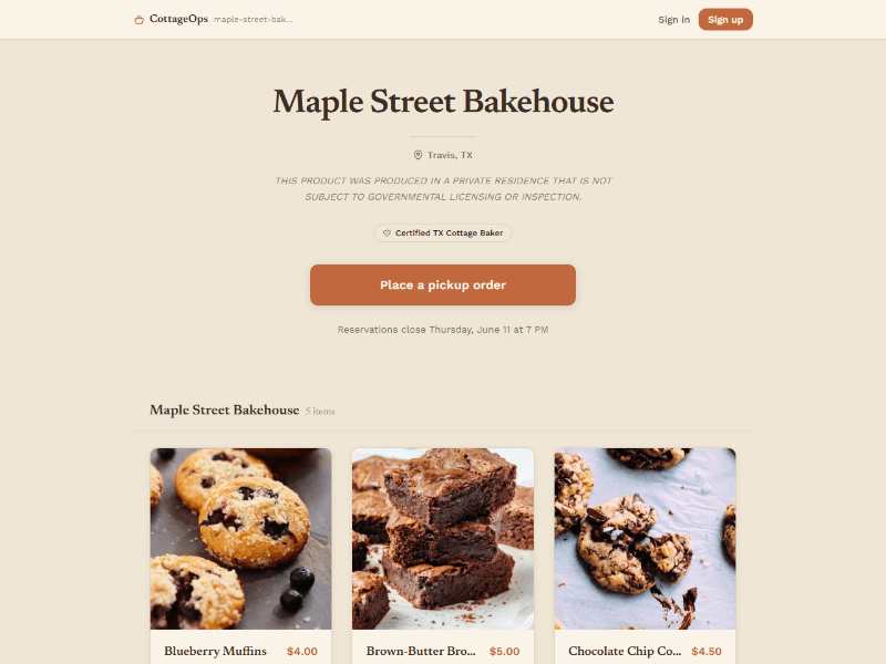 Public storefront page for Maple Street Bakehouse showing menu items, certified Texas cottage baker badge — pickup address hidden until payment